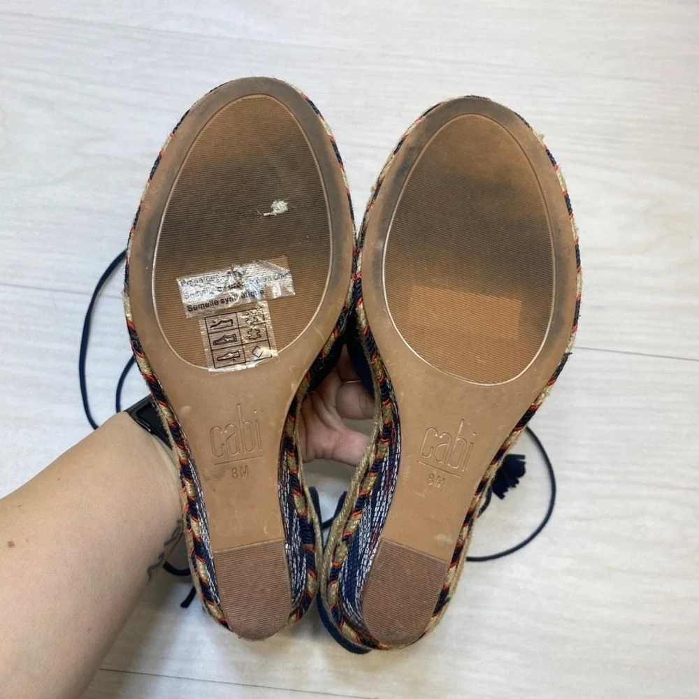 Cabi Navy Blue Suede Espadrille Wedge Sandals Lace Up Tassel‎ Embroidered 8M